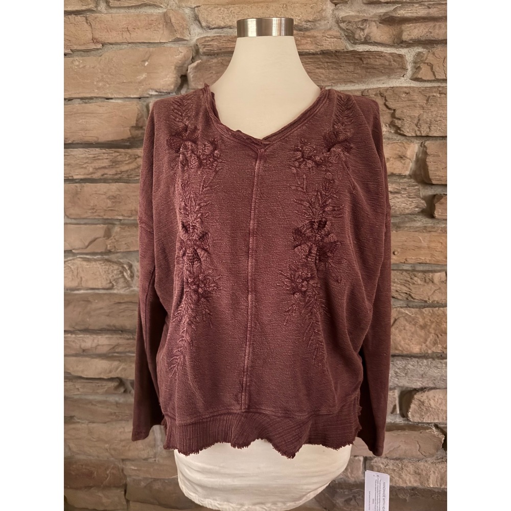 Karyn Seo Womens Embroidered V-Neck Top Brown Cotton Slub Frayed Hem CTVK216 L
